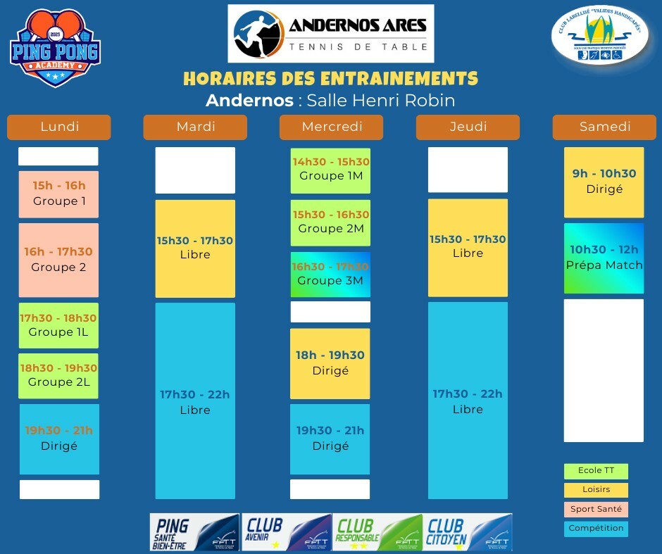 Horaires des entraînements à Andernos