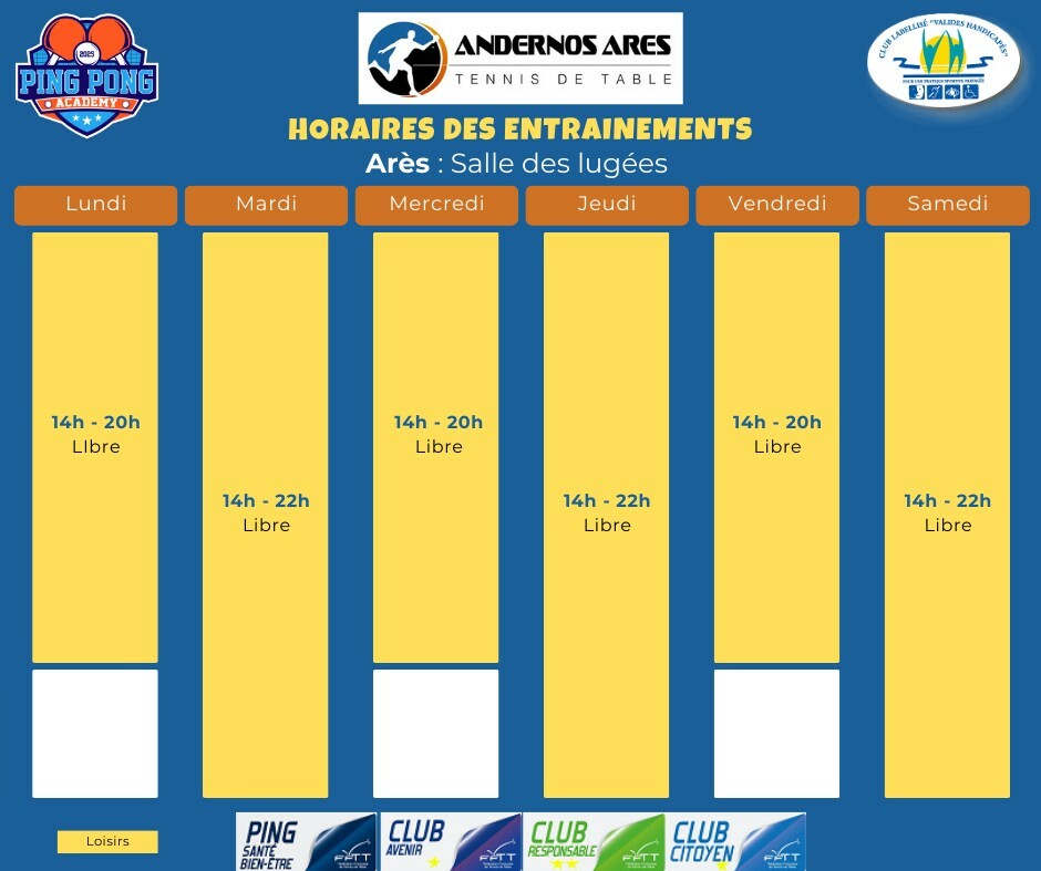 Horaires des entraînements à Arès