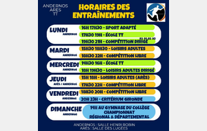 Horaires des entraînements (saison 2023/2024)