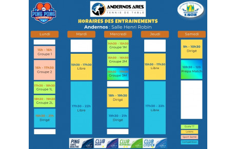 Horaires des entraînements à Andernos